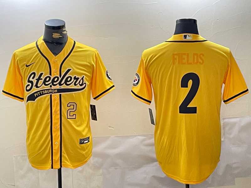 Men%27s Pittsburgh Steelers #2 Justin Fields Yellow With Patch Cool Base Stitched Baseball Jerseys